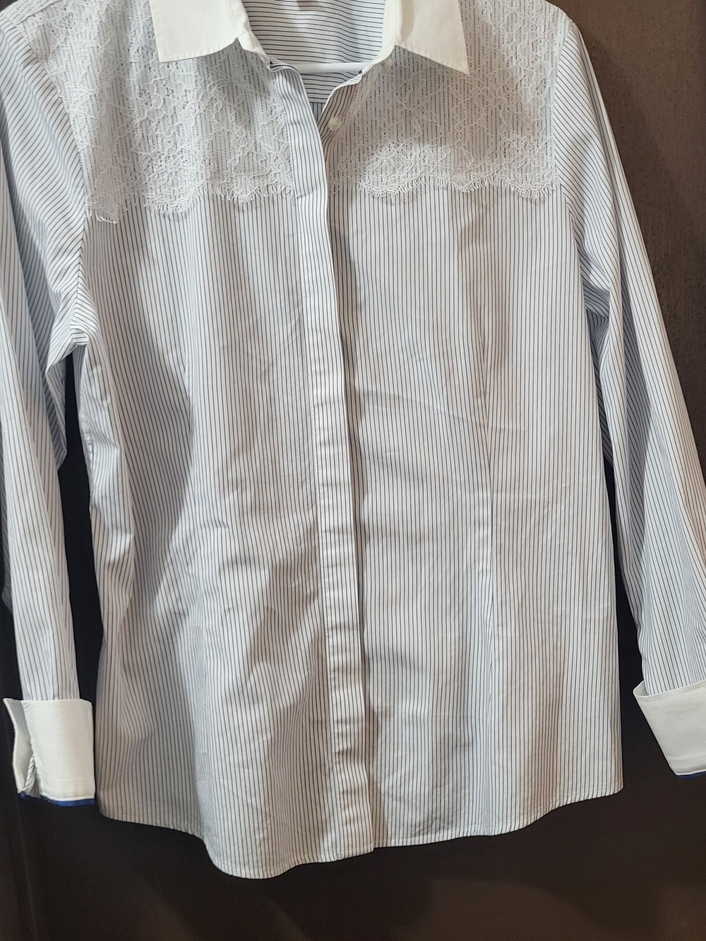 Brooks Brothers White and Light Blue Striped Lace-Yoke Dress Shirt